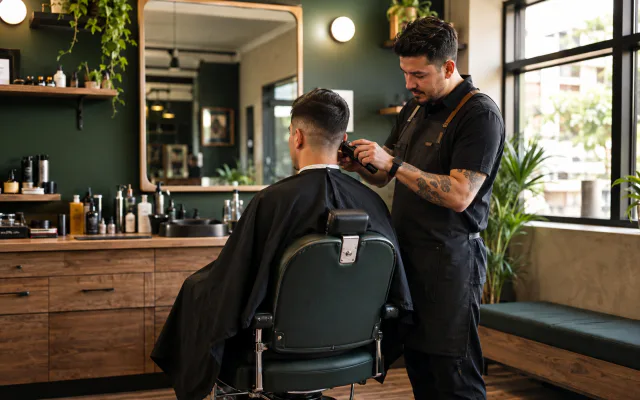 Barber working with a client inside a neighborhood barber shop
